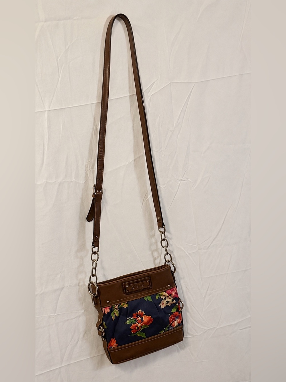 Chaps Brown Floral Crossbody Bag with Navy Panel